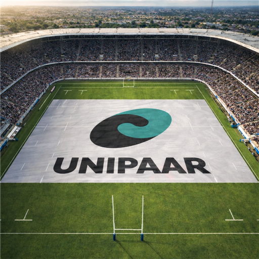 Stade de rugby vu du ciel avec le logo UNIPAAR sur la pelouse