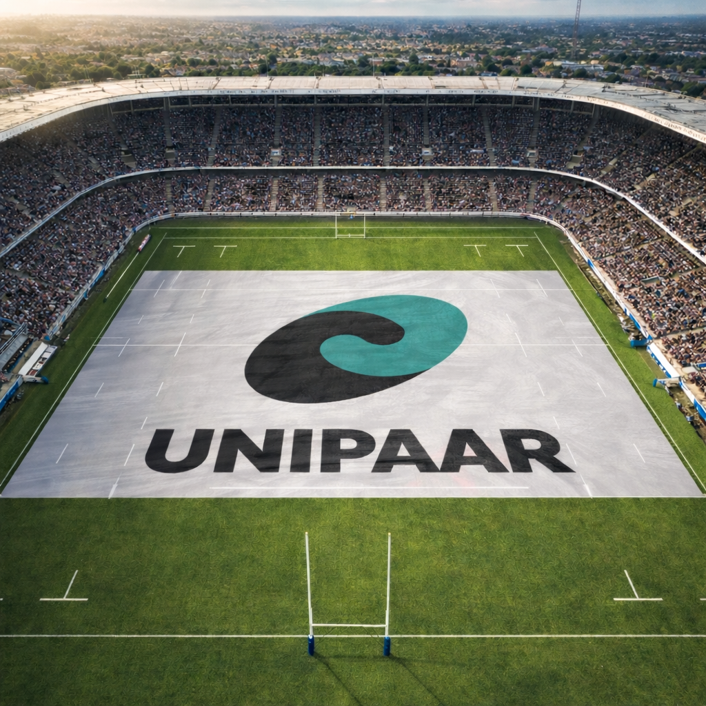 Stade de rugby vu du ciel avec le logo UNIPAAR sur la pelouse