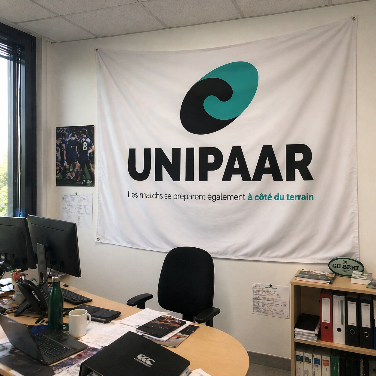 Bureau UNIPAAR avec bannière du logo sur le mur