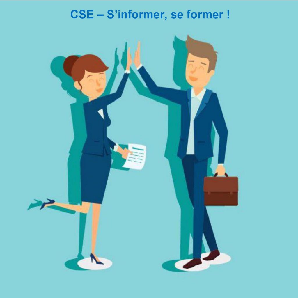 deux personnages sur fond bleu, en costumes se tapent dans la main pour illustrer la formation aux sujets CSE